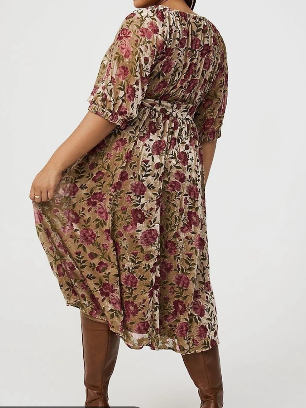 Torrid Gold and Pink Velvet Floral Puff-Sleeve Midi Dress - Picture 3 of 10